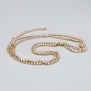 Tennis Necklace with White Crystals Inset Gold Tone Metal Lobster Close 28"